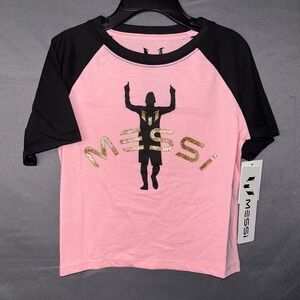 Messi Kids Pink Black Raglan Graphic Tee Gold Glitter Soccer Shirt Size 6 6X NEW